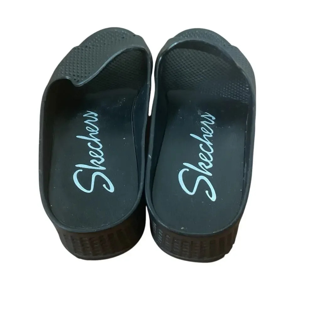 Skechers Cali Glitz Black‎ Open Toe Perforated Eyelet Slip On Wedge Sandal 9
